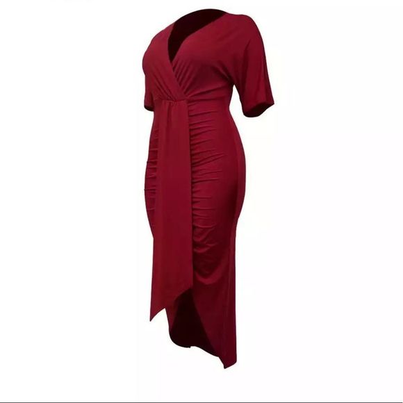 Red wine V Neck Dresses for Women Plus Size 4XL Short Sleeve High Waist Sexy…​​​ - Picture 3 of 4